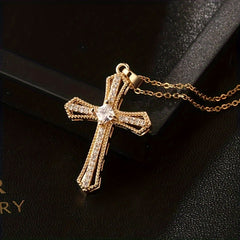 Golden-Tone Cross Pendant Necklace with Synthetic Zirconia - Christian Religious Jewelry for Men, Durable Fashion Gift