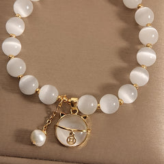 Healing White Opal Beaded Bracelet Energy Balance, Emotional Harmony & Spiritual Protection1Pc Fashionable Opal Beaded Bracelet With Cat Pendant