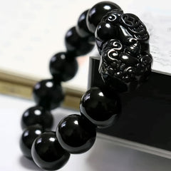 14mm Black Obsidian Bead Bracelet with Black Pixiu - Protection & Energy Talisman