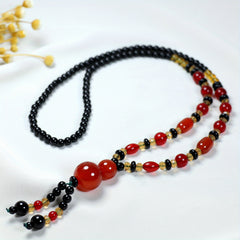 Bohemian Agate Necklace with Red Black Beads Golden Accents Red Spherical Pendant