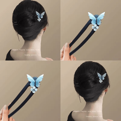 Elegant Wooden Butterfly Hairpin - Vintage U-Shaped Hair Clip with Blue Butterfly & Floral Design for Mind-Body-Spirit Balance