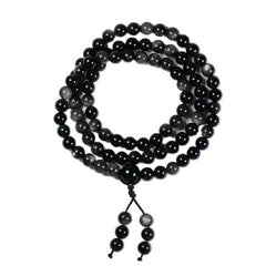 Natural Obsidian Necklace with Black & White Beads for Protection, Grounding, and Emotional Balance