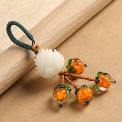 Lucky Persimmon Lotus Keychain – Energizing Orange Glass Persimmons with White Lotus, Heart Charm – Harmonious Luck & Prosperity