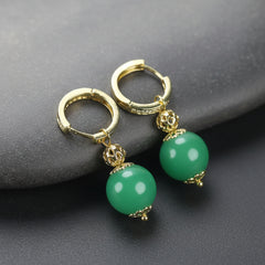 Natural Apple Green Peace Bead Earrings for Harmony Energy Balance Retro Gold Hoop Jewelry