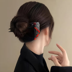 Elegant Chinese Hairpin - Vintage Asian Hair Stick with Red Tassels & Floral Accent