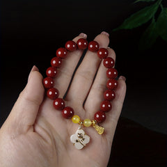 Cinnabar Bracelet with Four-Leaf Flower for Luck, Protection, and Positive Energy