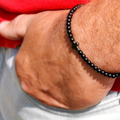 Men's Handmade Blue Stone & Black Cross Bracelet - Spiritual Protection & Stylish Daily Wear