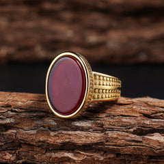 Vintage-Inspired 316L Stainless Steel Elliptical Ring with Tiger's Eye & Turquoise | Spiritual Energy & Classic Style