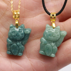 High-Grade Green Aventurine Beckoning Cat Pendant Necklace for Prosperity, Luck, and Positive Energy