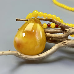 Bohemian Yellow Amber Pendant Necklace - Natural Teardrop Bead for Grounding & Joy
