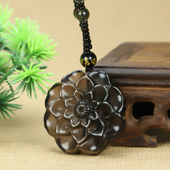 Elegant Natural Obsidian Carved Rose Flower Pendant for Grounding, Protection, and Elegant Style