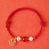 Handmade Woven Bracelet with Lucky Charm - Red Cord & Agate Beads for Good Fortune