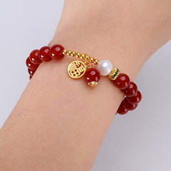 Women's Elegant Natural Agate Bead Bracelet with Freshwater Pearls - Red Agate for Vitality & Protection - Sophisticated Daily Wear
