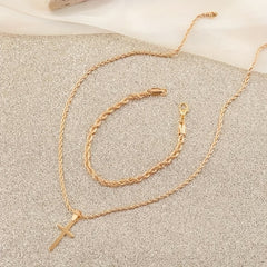 Minimalist Cross Charm Necklace & Bracelet Set - Hypoallergenic Stainless Steel Jewelry for Spiritual Protection