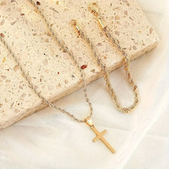 Minimalist Cross Charm Necklace & Bracelet Set - Hypoallergenic Stainless Steel Jewelry for Spiritual Protection