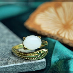 Elegant Adjustable Natural Stone Ring with Feather Detail for Balance & Vitality