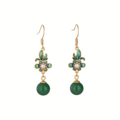 Golden-Plated Flower Earrings for Daily Dating Energy with and Dark Green Round Beads, Perfect for Daily Dating