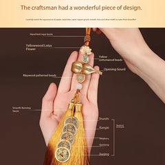 Auspicious Five-Emperor Coin Tassel (Set of 2) — Brass Gourd & Boxwood Lotus Feng-Shui Charm for Wealth Flow, Protection, and Harmonious Energy (13.78")