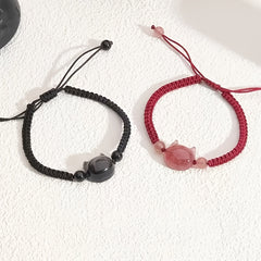 Adjustable Cat Charm Bracelet - Black & Red Beads with Pink Crystal for Harmony Energy
