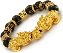 Feng Shui Bracelet Prosperity Double Pi Xiu Black Mantra Bead Bracelet with Golden Dice - Attract Wealth & Good Luck