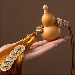 Auspicious Five-Emperor Coin Tassel (Set of 2) — Brass Gourd & Boxwood Lotus Feng-Shui Charm for Wealth Flow, Protection, and Harmonious Energy (13.78")