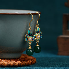 Golden-Plated Flower Earrings for Daily Dating Energy with and Dark Green Round Beads, Perfect for Daily Dating