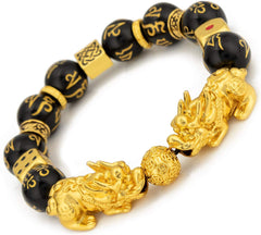 Feng Shui Bracelet Prosperity Double Pi Xiu Black Mantra Bead Bracelet with Golden Dice - Attract Wealth & Good Luck