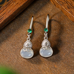 925 Silver Plated Jade Gourd Earrings Spiritual Energy Prosperity Charm for Chinese Vacation & Daily Wear