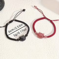 Adjustable Cat Charm Bracelet - Black & Red Beads with Pink Crystal for Harmony Energy