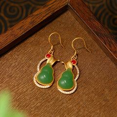 Golden Gourd-Shaped Earrings with Green Stone - Harmonious Energy for Special Occasions
