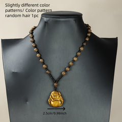 Hand-Carved Tiger's Eye Laughing Buddha Necklace for Protection and Abundance