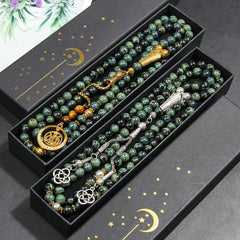 Natural Blue-Green Agate Tasbih with Golden Accents - Islamic Prayer Beads for Men - Spiritual Energy & Focus
