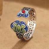 Vintage Bohemian Lotus Flower Ring for Women - Blue/Green/Red Floral Design with Energy Healing & Spiritual Protection