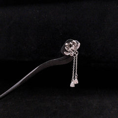Wood Hairpin with Silver Lotus & Bell Accents - Ancient Style Pan Hair Accessories for Mindful Adornment