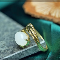 Elegant Adjustable Natural Stone Ring with Feather Detail for Balance & Vitality
