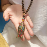 Women's Vintage Bohemian Nepal Ethnic Fish Pendant Necklace - Handmade Multicolor Beads for Good Fortune & Protection