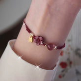 Women's Elegant Chinese Red Bracelet - Deep Burgundy Cord with Floral Pendant for Spiritual Protection & Lunar New Year Gift