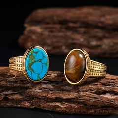 Vintage-Inspired 316L Stainless Steel Elliptical Ring with Tiger's Eye & Turquoise | Spiritual Energy & Classic Style
