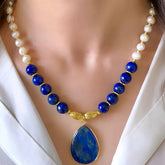 Bohemian Lapis Lazuli Pearl Necklace Calm Energy Harmony Gift