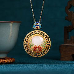 Golden Lotus Pendant Necklace | Spiritual Energy & Vintage Craft with Hand-Painted Jade Accents