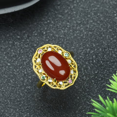 Vintage Palace Style Red Agate Adjustable Ring - Wealth, Flower Symbol & Valentine's Day Gift Jewelry