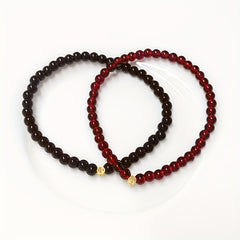 Red Garnet & Black Obsidian Bracelet Set - Lucky Coin Pendant for Couples & Daily Wear