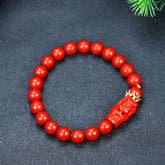 Red Cinnabar Beaded Bracelet with Emperor Dragon Charm for Protection & Prosperity