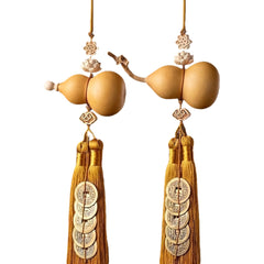 Auspicious Five-Emperor Coin Tassel (Set of 2) — Brass Gourd & Boxwood Lotus Feng-Shui Charm for Wealth Flow, Protection, and Harmonious Energy (13.78")