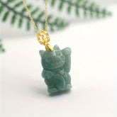 High-Grade Green Aventurine Beckoning Cat Pendant Necklace for Prosperity, Luck, and Positive Energy