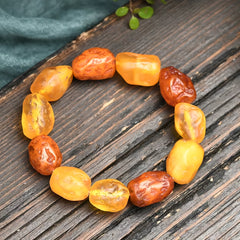 Vintage Beeswax Jujube Bracelet with Natural Sea Drifted Stone and Light Beige Chicken Oil Yellow