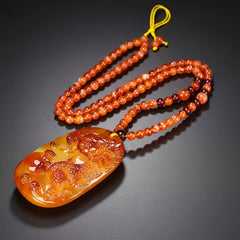 Natural Amber Dragon Pendant Necklace for Men - Uncoated Baltic Amber with Red Beads, Spiritual Protection & Masculine Energy