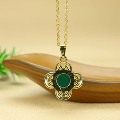 Emperor Green Agate Flower Pendant for Men | Gold Tone Lucky Clover Necklace for Prosperity