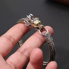 Vintage Dragon Head Bracelet - Handmade Intertwined Design with Red Eyes & Textured Finish for Men