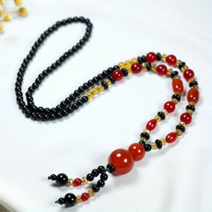 Bohemian Agate Necklace with Red Black Beads Golden Accents Red Spherical Pendant